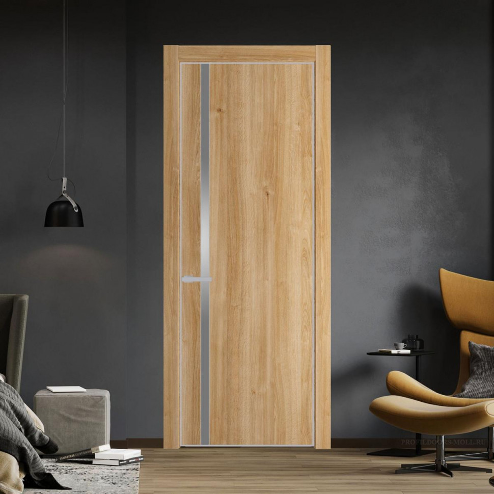 Межкомнатная дверь ProfilDoors 21 NE Дуб Карамель с кромкой Матовая с стекляной вставкой серебро матлак