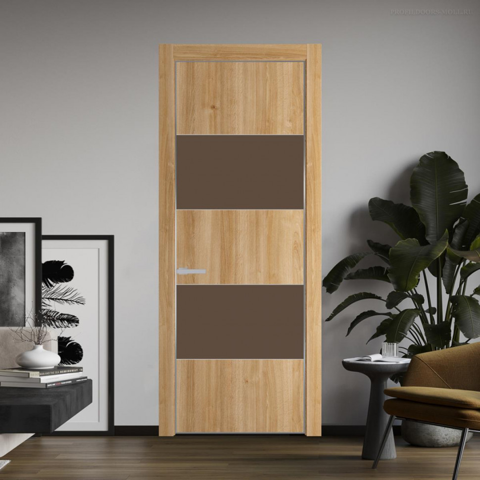 Межкомнатная дверь ProfilDoors 22NA Дуб Карамель профиль Серебро вставка Монохром гляссе