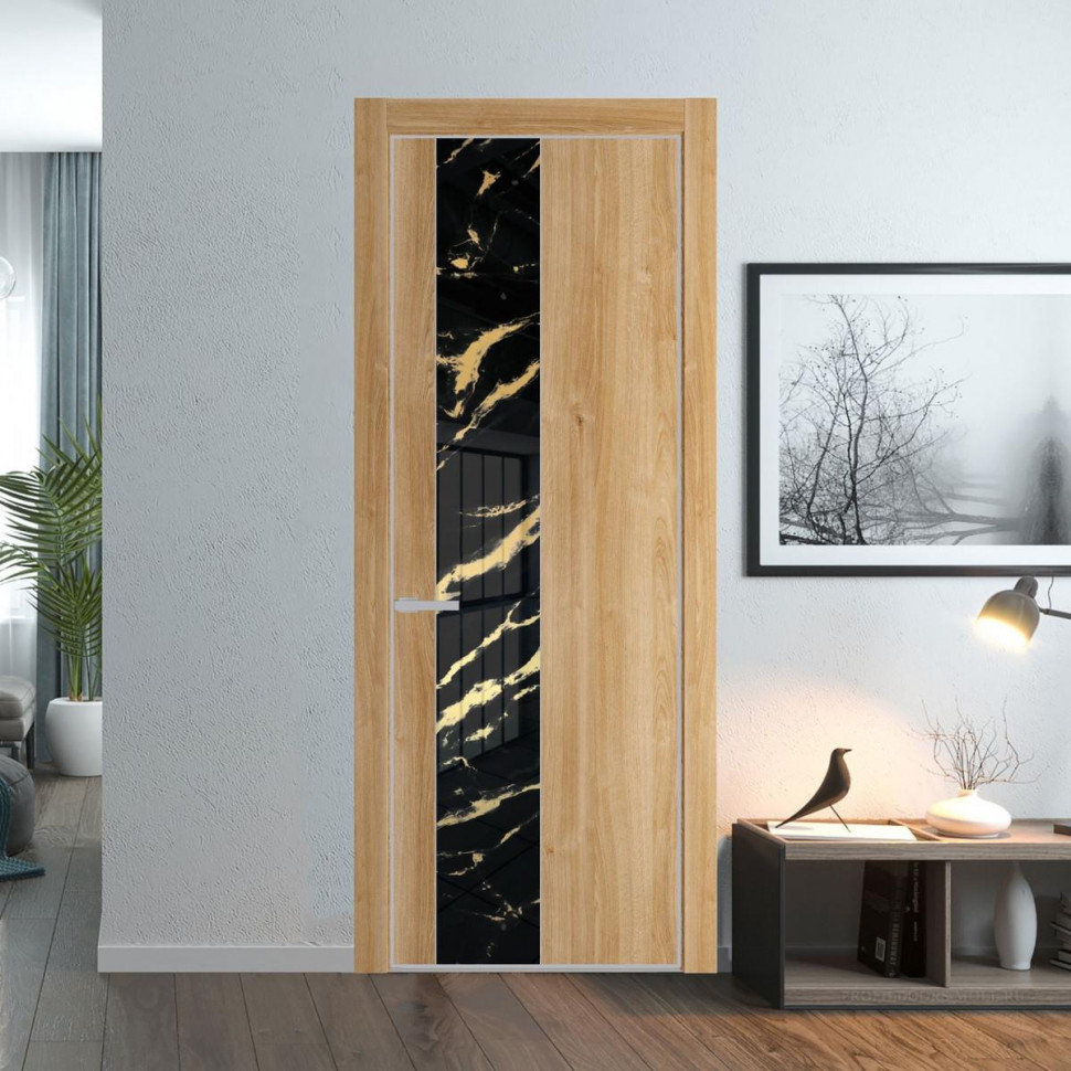 Межкомнатная дверь ProfilDoors 19 NE Дуб Карамель с кромкой Матовая с стекляной вставкой нефи черный узор золото