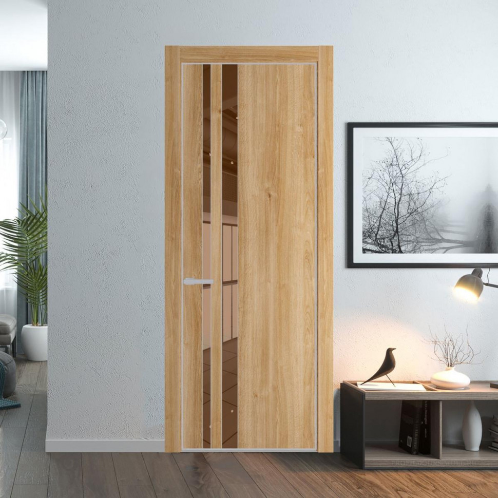 Межкомнатная дверь ProfilDoors 20 NE Дуб Карамель с кромкой Матовая с стекляной вставкой зеркало bronze