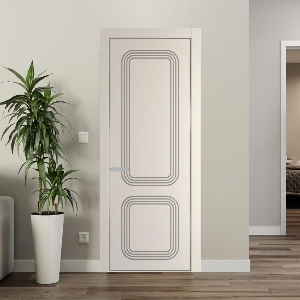 Межкомнатная дверь ProfilDoors 35 PE с фрезерованным рисунком Кремовая Магнолия с алюминиевой кромкой Серебро