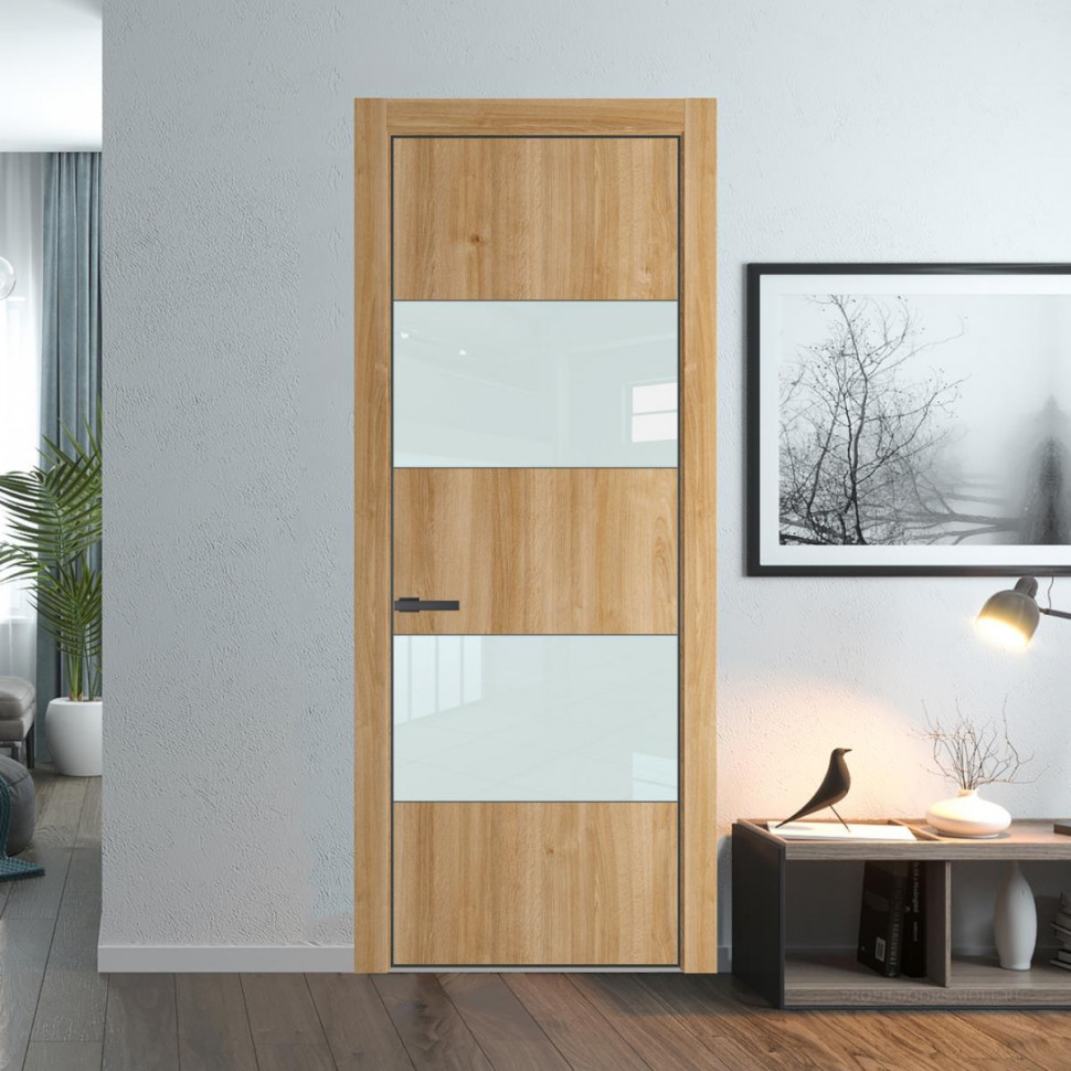 Межкомнатная дверь ProfilDoors 22NA Дуб Карамель профиль Серая Ночь вставка Lacobel Белый лак
