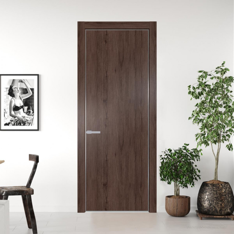 Межкомнатная дверь ProfilDoors 1NA Дуб Тобакко профиль Серебро вставка Глухая