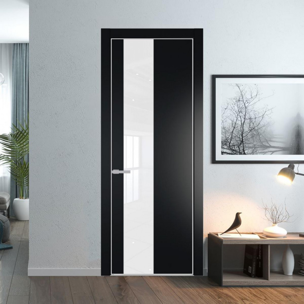 Межкомнатная дверь ProfilDoors 19 PE с вставкой из стекла лак классик Блэк с алюминиевой кромкой Матовая
