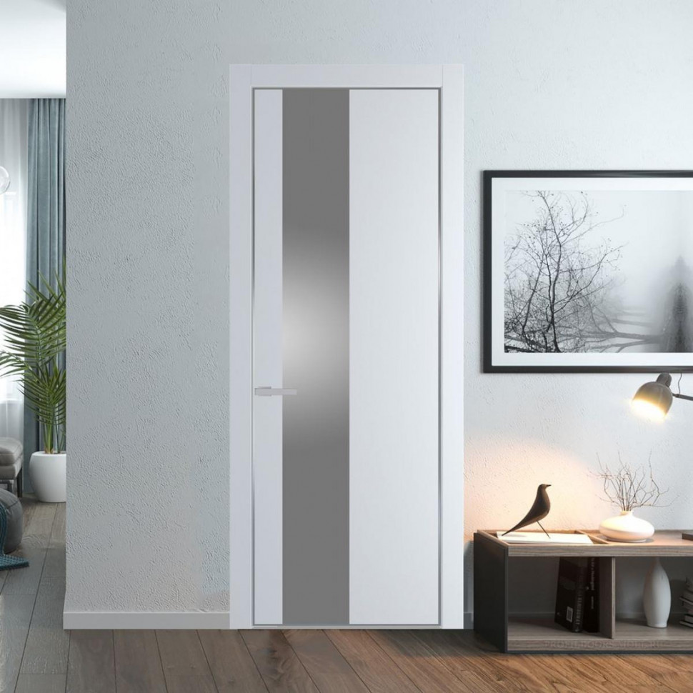 Межкомнатная дверь ProfilDoors 19 PA Вайт с профилем Серебро с стеклом серебро матлак