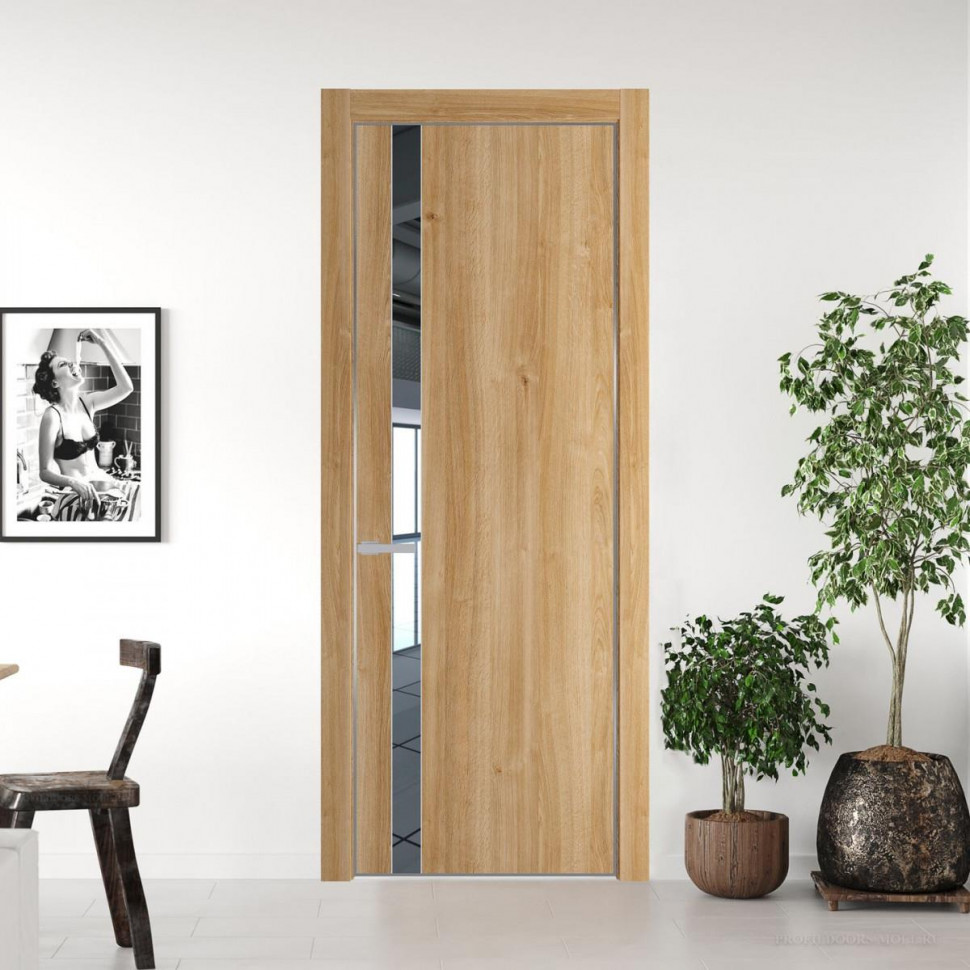 Межкомнатная дверь ProfilDoors 18 NE Дуб Карамель с кромкой Серебро с стекляной вставкой зеркало