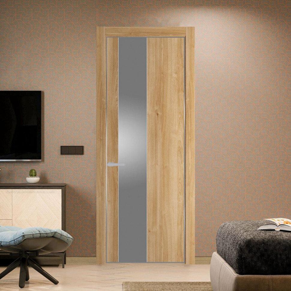 Межкомнатная дверь ProfilDoors 19 NE Дуб Карамель с кромкой Серебро с стекляной вставкой серебро матлак