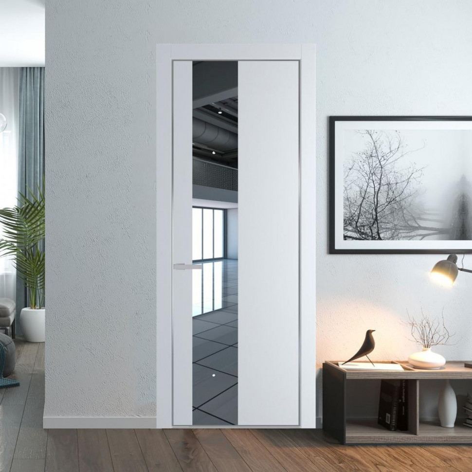 Межкомнатная дверь ProfilDoors 19 PA Вайт с профилем Серебро с стеклом  зеркало