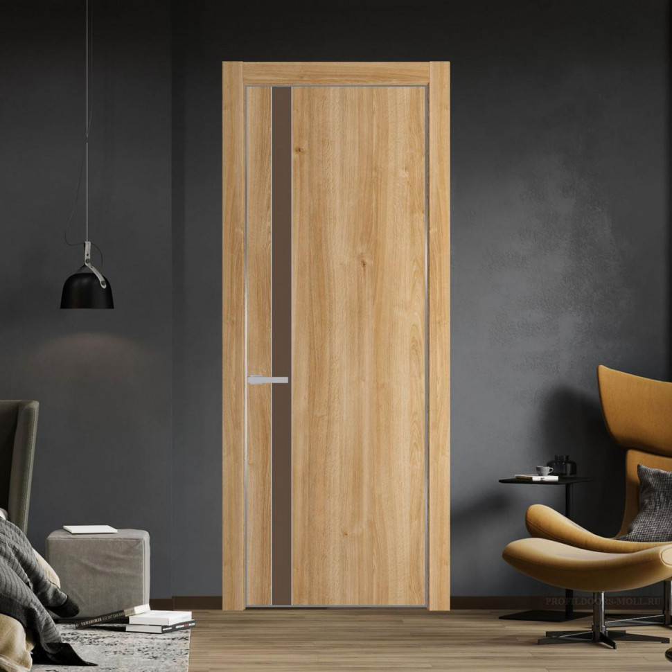 Межкомнатная дверь ProfilDoors 18 NE Дуб Карамель с кромкой Серебро с стекляной вставкой монохром гляссе