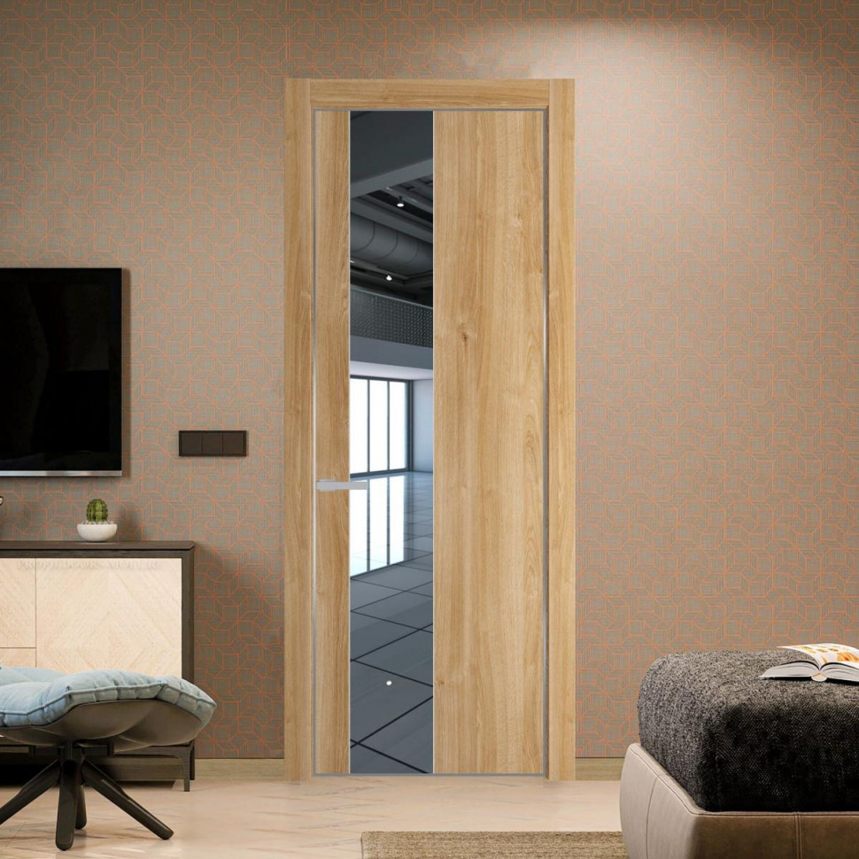 Межкомнатная дверь ProfilDoors 19 NE Дуб Карамель с кромкой Серебро с стекляной вставкой зеркало