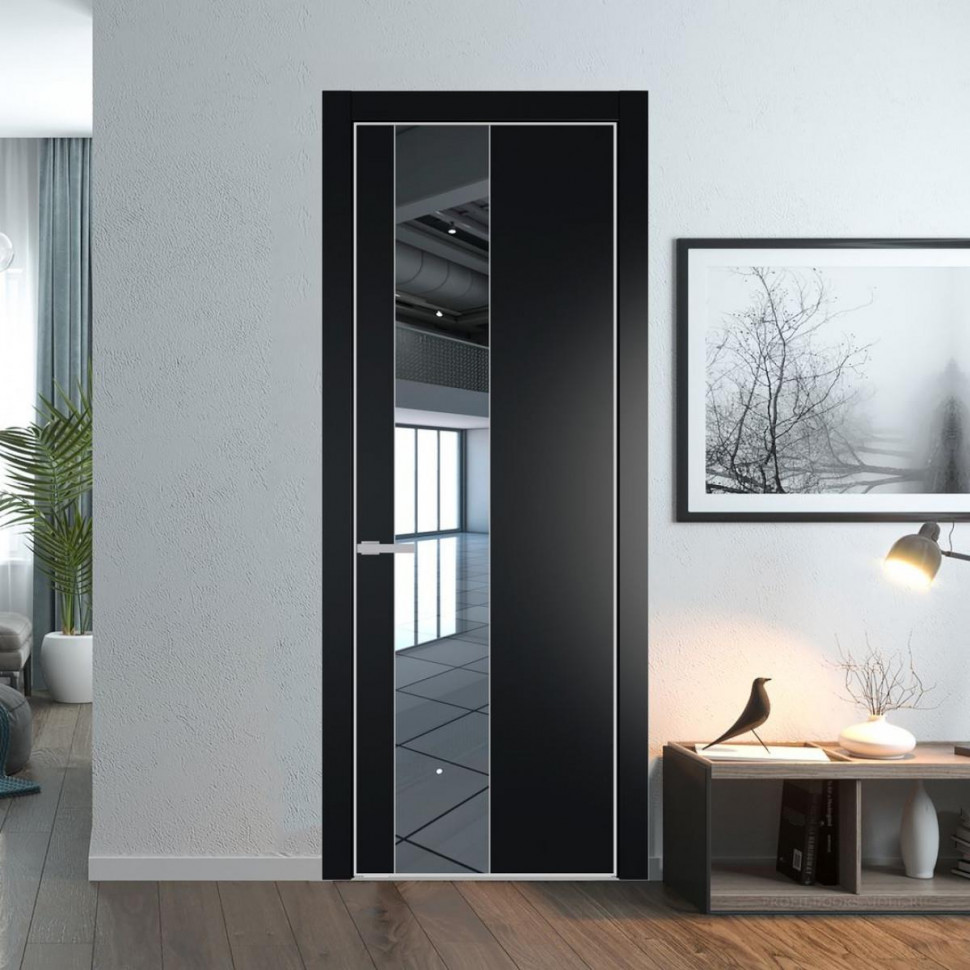 Межкомнатная дверь ProfilDoors 19 PE с вставкой из стекла зеркало Блэк с алюминиевой кромкой Матовая