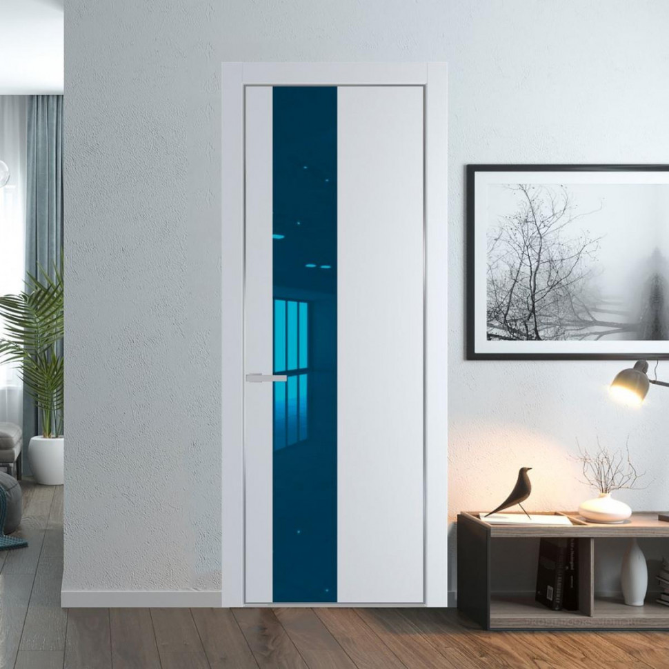 Межкомнатная дверь ProfilDoors 19 PA Вайт с профилем Серебро с стеклом  зеркало blue