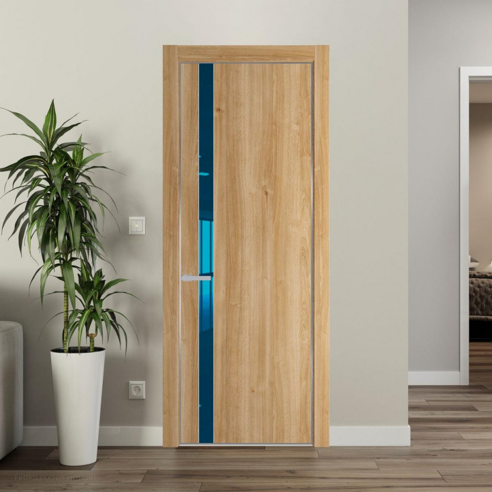 Межкомнатная дверь ProfilDoors 18 NE Дуб Карамель с кромкой Серебро с стекляной вставкой зеркало blue
