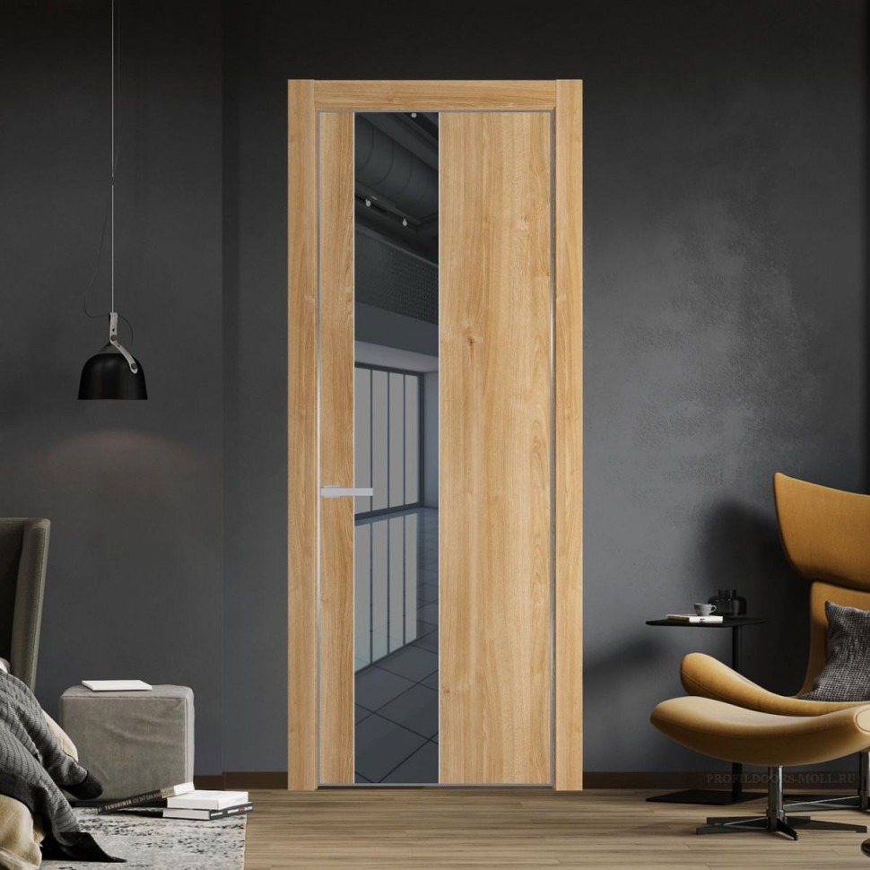 Межкомнатная дверь ProfilDoors 19 NE Дуб Карамель с кромкой Серебро с стекляной вставкой зеркало grey